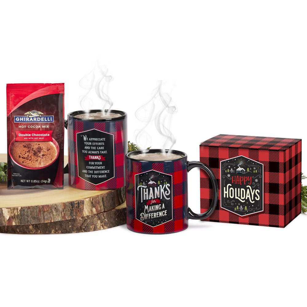 Thanks For Making A Difference Color-Changing Buffalo Plaid Ceramic Mug & Hot Chocolate Gift Set In Holiday Gift Box