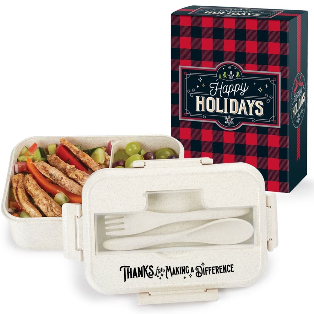 Thanks For Making A Difference Wheat Straw Food Container With Utensils In Buffalo Plaid Holiday Gift Box