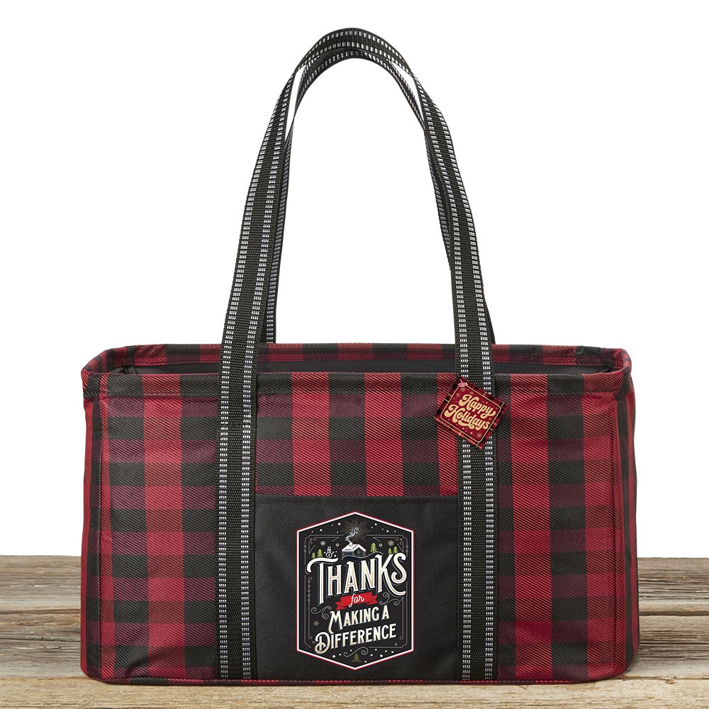 Thanks for Making a Difference Buffalo Plaid Utility Tote With Holiday Gift Tag