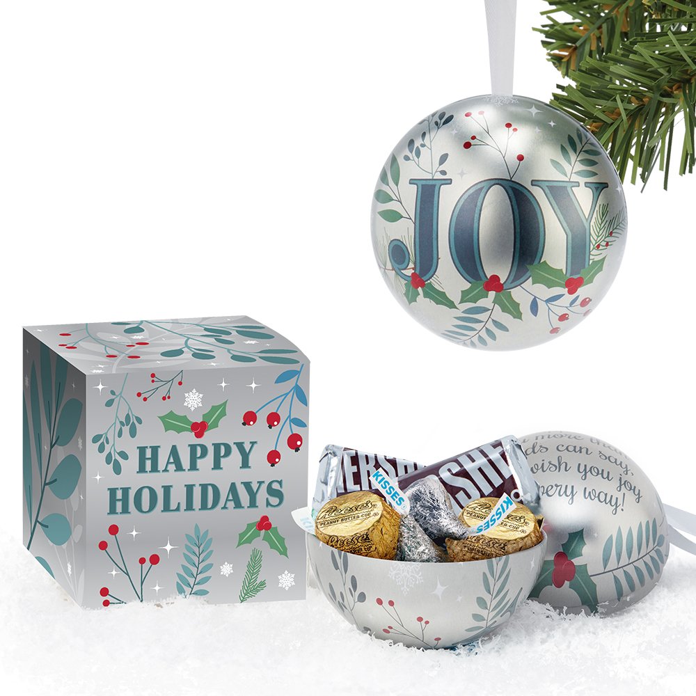 JOY Round Metal Ornament with Hershey's® Miniatures Chocolates in Holiday Gift Box