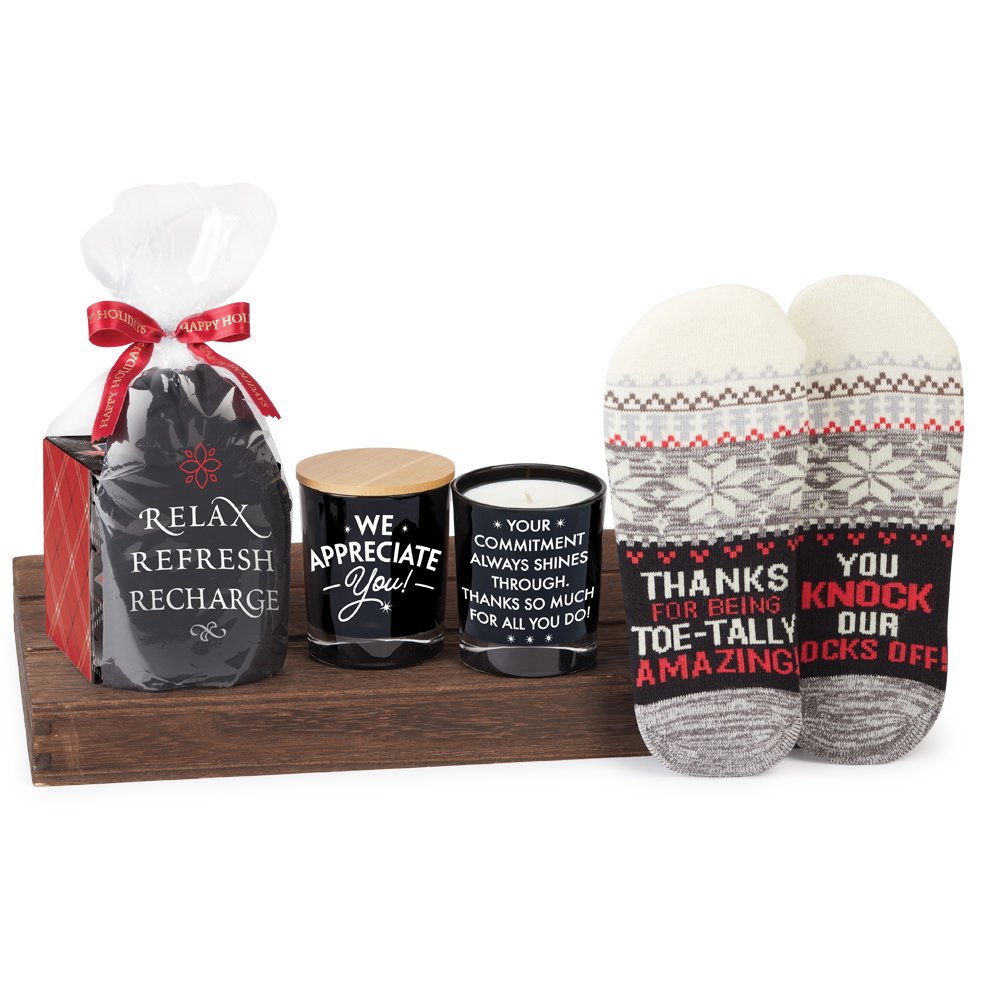 Warm & Bright Candle & Socks Gift Set In Holiday Gift Wrap With Bow