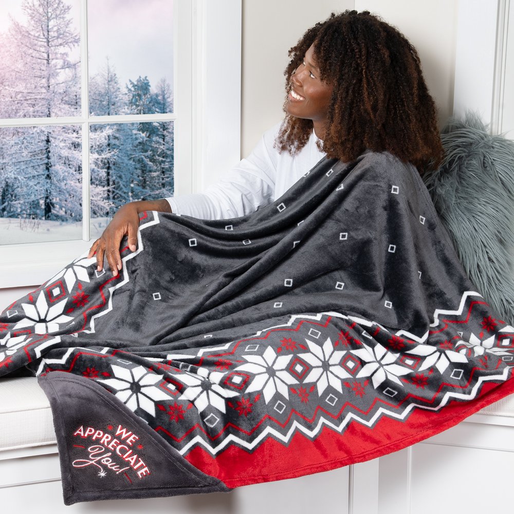 We Appreciate You!/Merry Christmas Gray/Red Snow Mink Fleece Throw Blanket-in-a-Bag 50