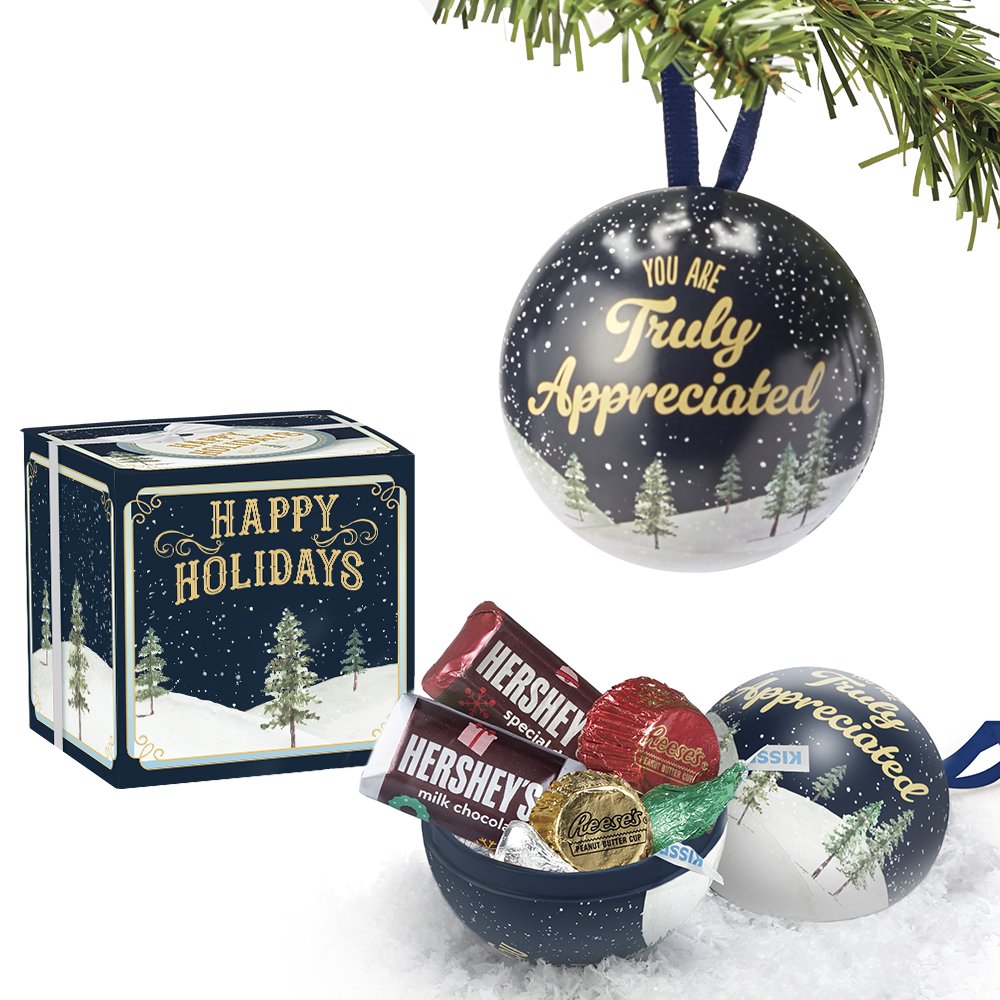 You Are Truly Appreciated Round Metal Ornament With Hershey's® Holiday Miniatures Chocolates in Holiday Gift Box