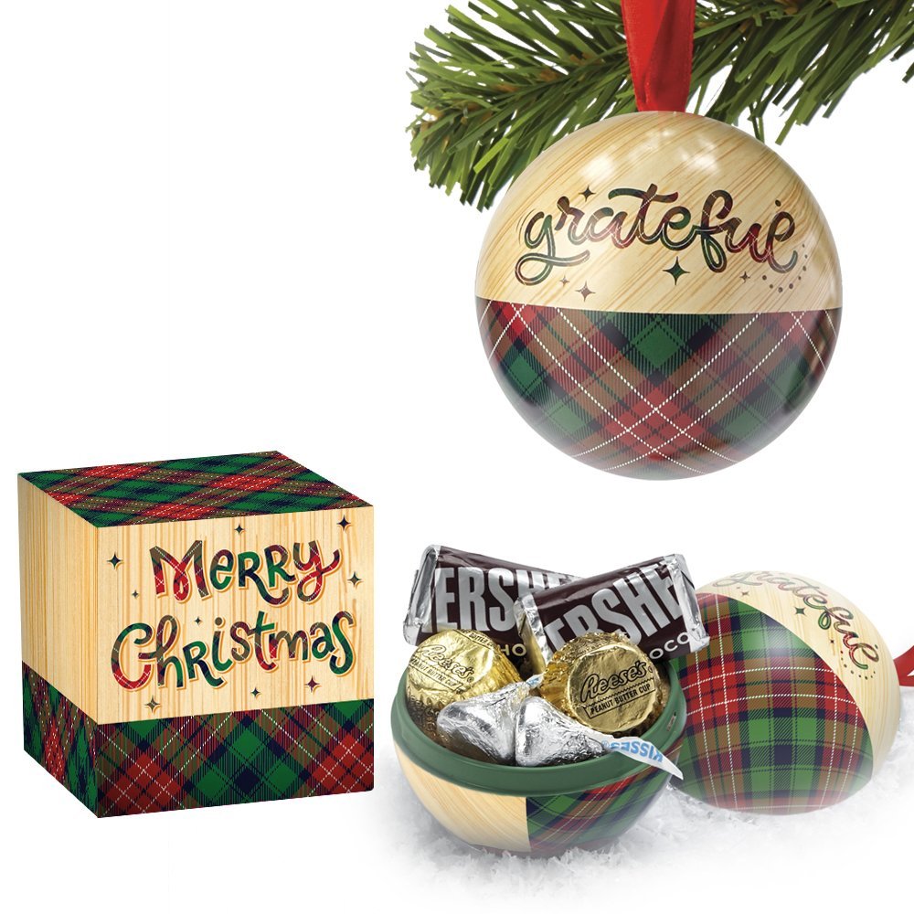 Grateful Round Metal Ornament with Hershey's® Miniatures Chocolates in Merry Christmas Gift Box