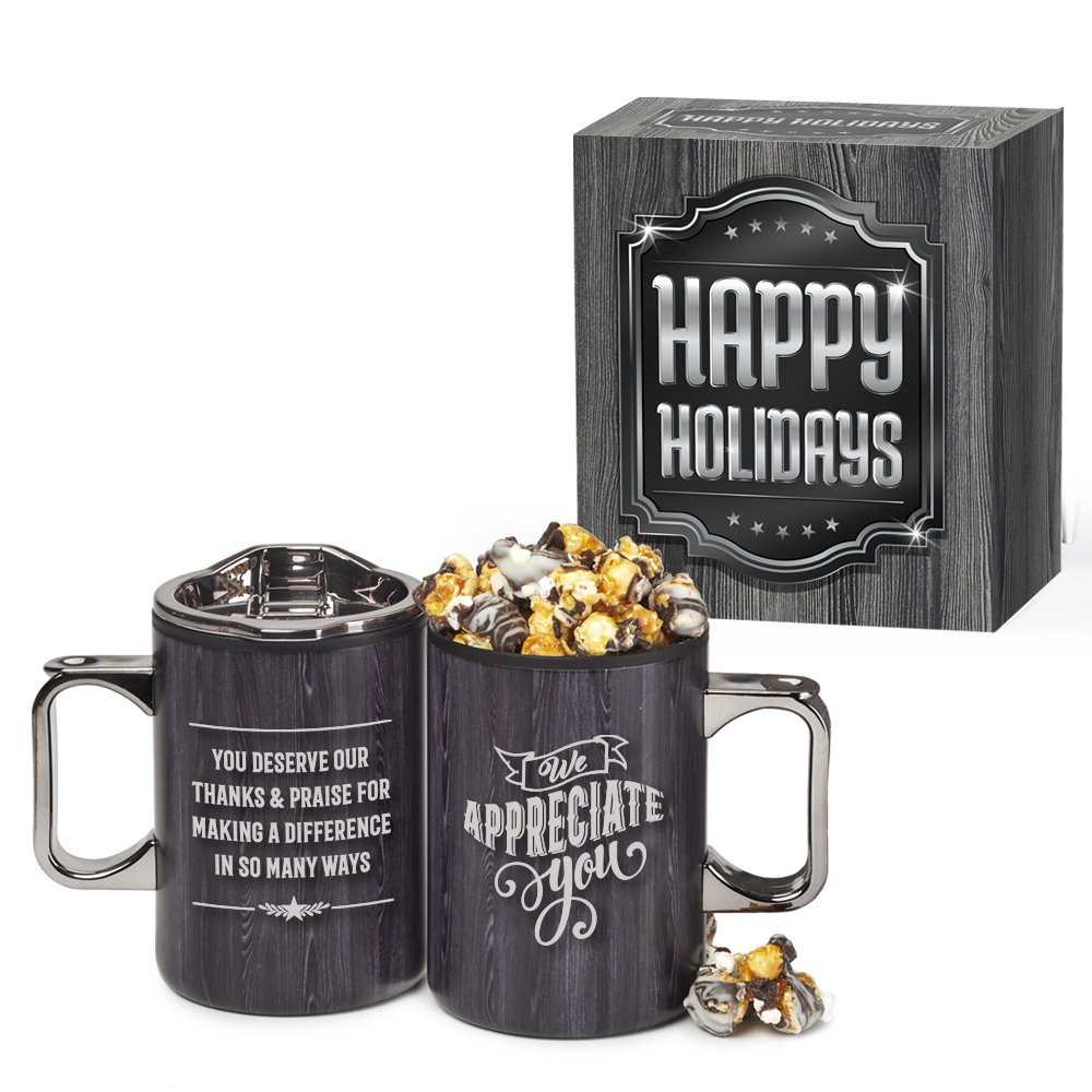 We Appreciate You Wood-Look Sonoma Mug with S'mores Popcorn in Holiday Gift Box