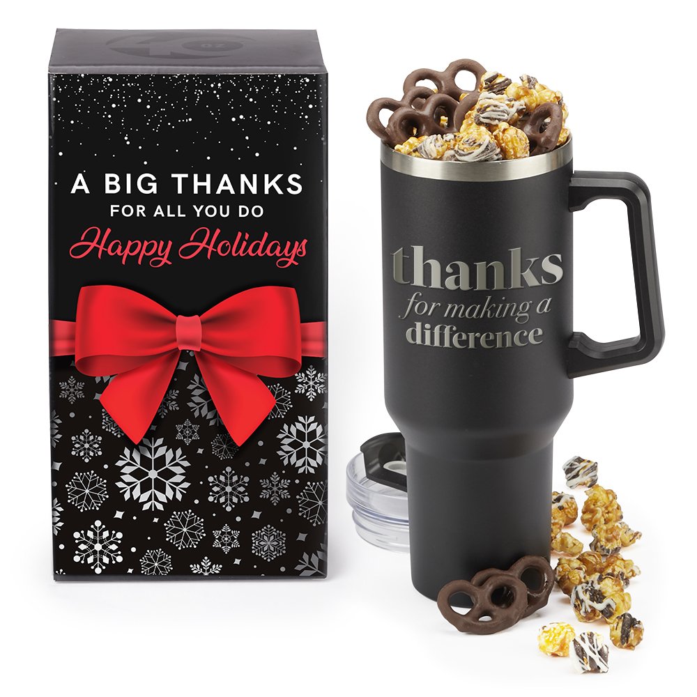 Thanks For Making A Difference Biggie Thirst Quencher Double-Wall Stainless-Steel Tumbler 40 oz. with Handle & Treats with Holiday Gift Wrapper - Laser Engraved