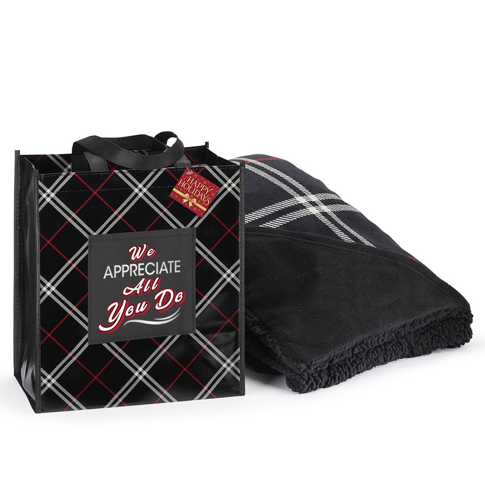 We Appreciate All You Do! Black Plaid Mink Fleece Sherpa Throw Blanket-in-a-Bag 50