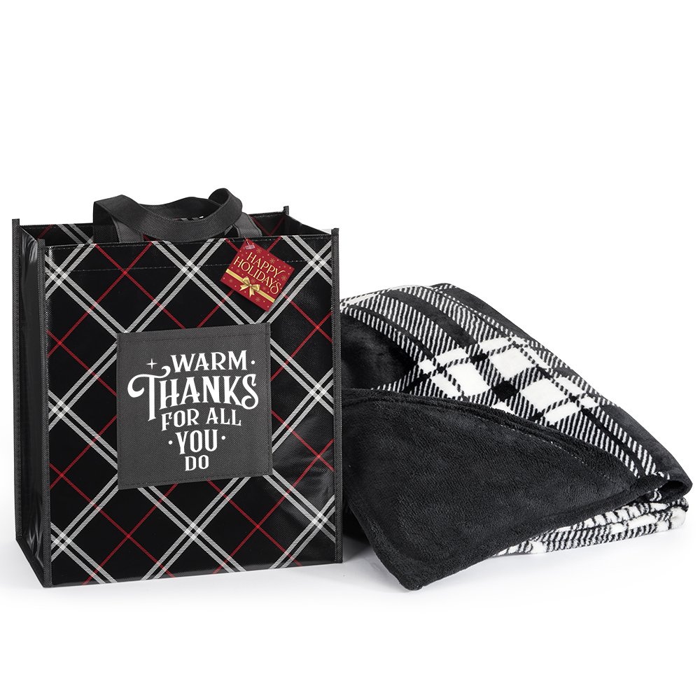 Warm Thanks For All You Do Black & White Plaid Mink Fleece Throw Blanket-in-a-Bag 50