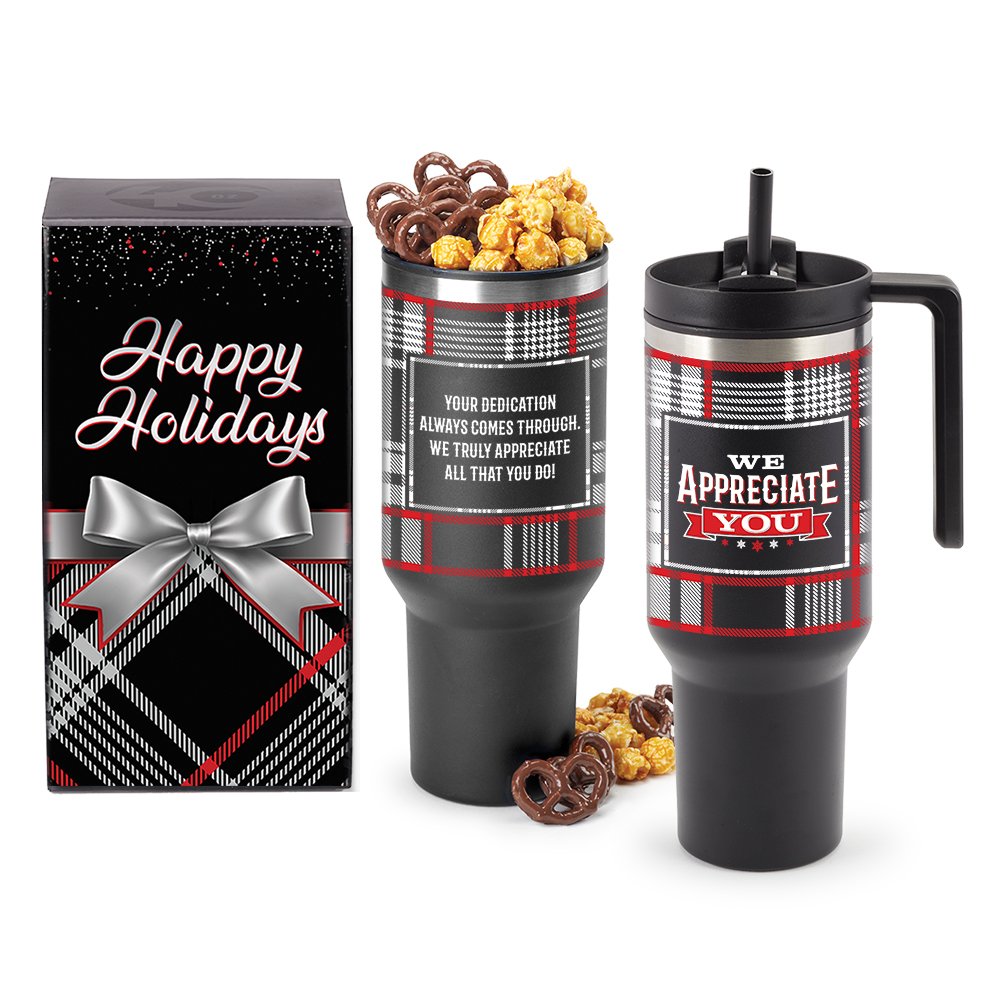 We Appreciate You Quencher Stainless-Steel/Plastic-Lined Tumbler 40 oz. With Handle With Popcorn & Pretzels in Holiday Gift Box