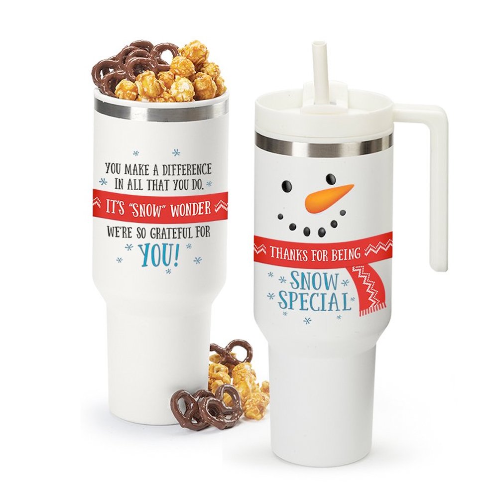 Thanks for Being Snow Special Quencher Stainless-Steel/Plastic-Lined Tumbler 40 oz. With Handle With Popcorn & Pretzels