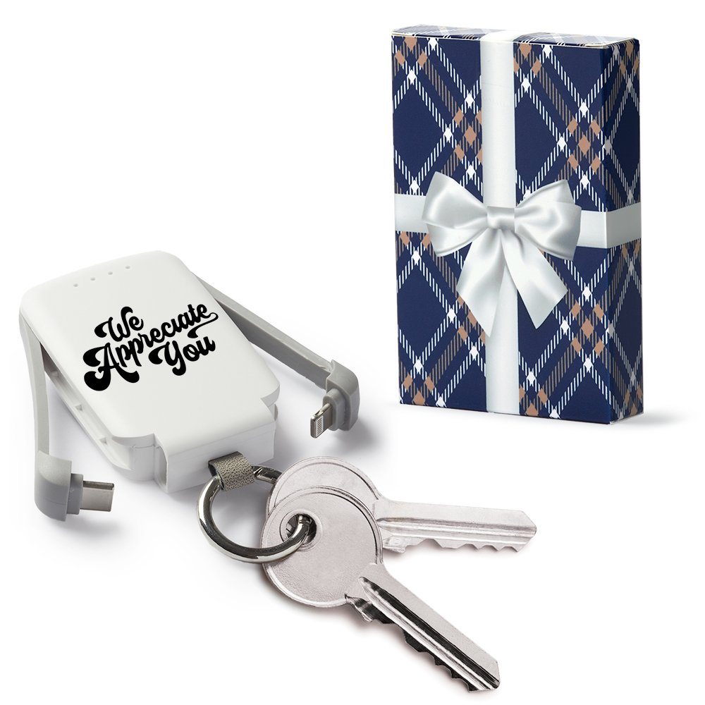 We Appreciate You 3-in-1 2,000-mAh Mini Power Bank With LED Light Key Ring in Holiday Gift Box