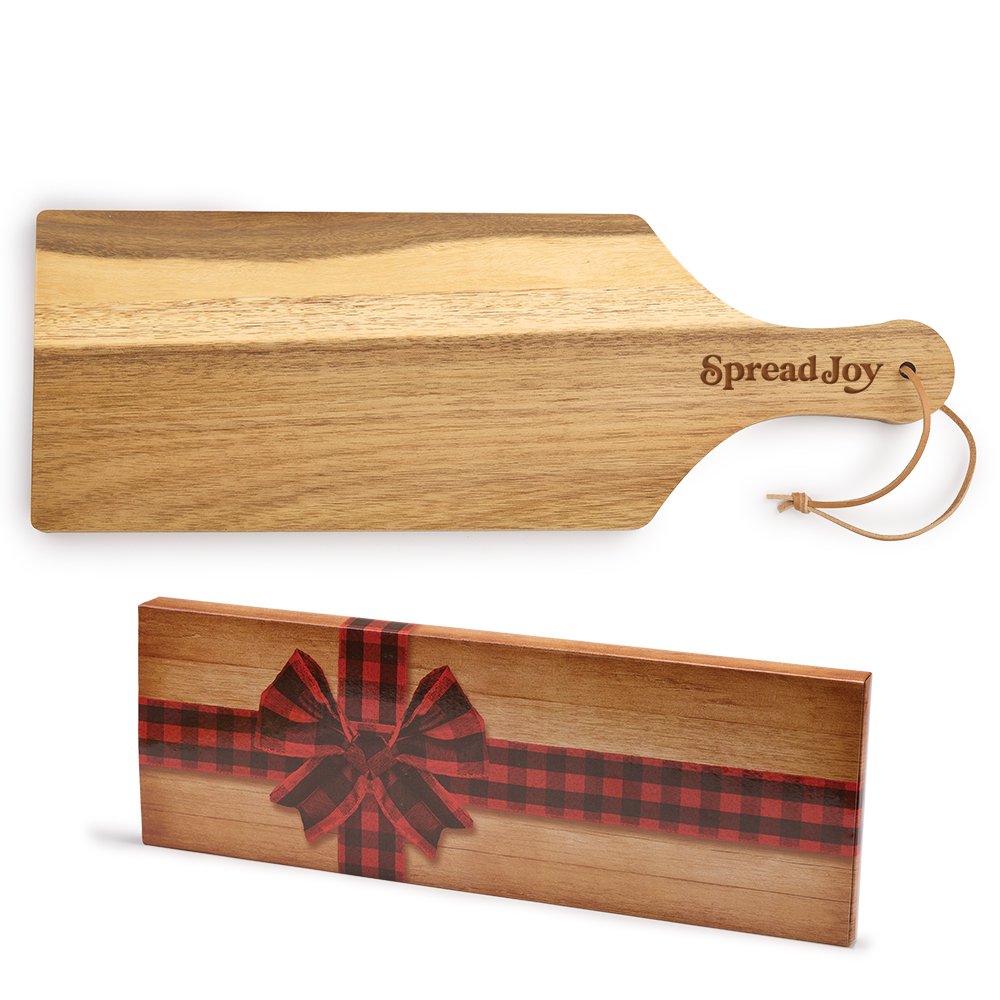 Spread Joy Acacia Charcuterie Board With Handle & Strap in Holiday Gift Box
