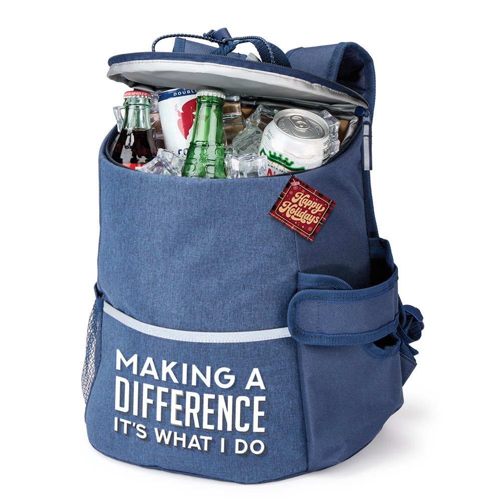 Making a Difference: It's What I Do Navy Hydro 12-Can Backpack Cooler With Tumbler Pocket & Holiday Gift Tag