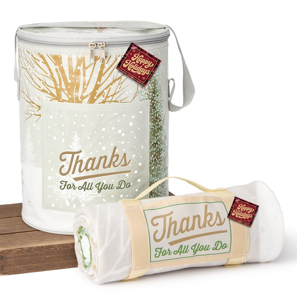 Thanks for All You Do Winter Scene Brookville Barrel Cooler Bag & Roll-Up Eco Blanket Combo in Holiday Gift Sleeve