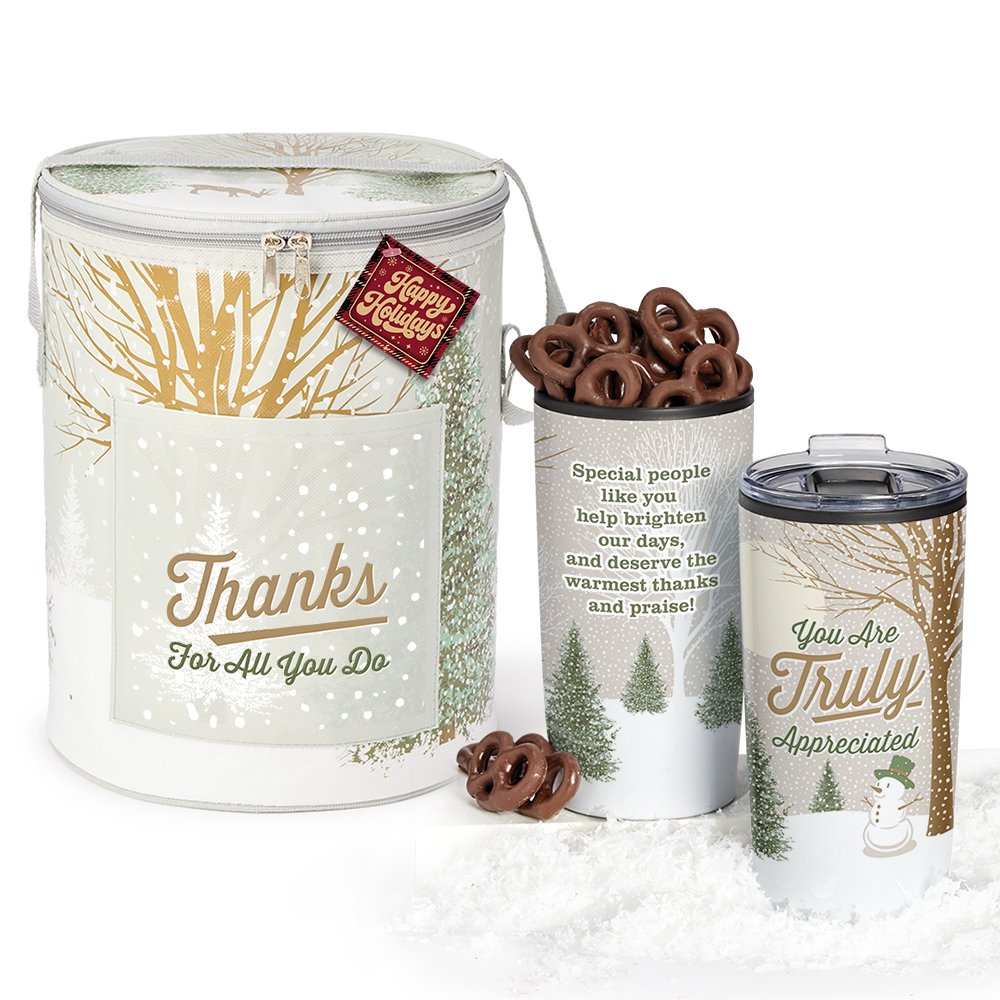 Thanks/You Are Appreciated Winter Scene Cooler Bag & Teton Tumbler 20 oz. With Pretzels Gift Set in Holiday Gift Sleeve