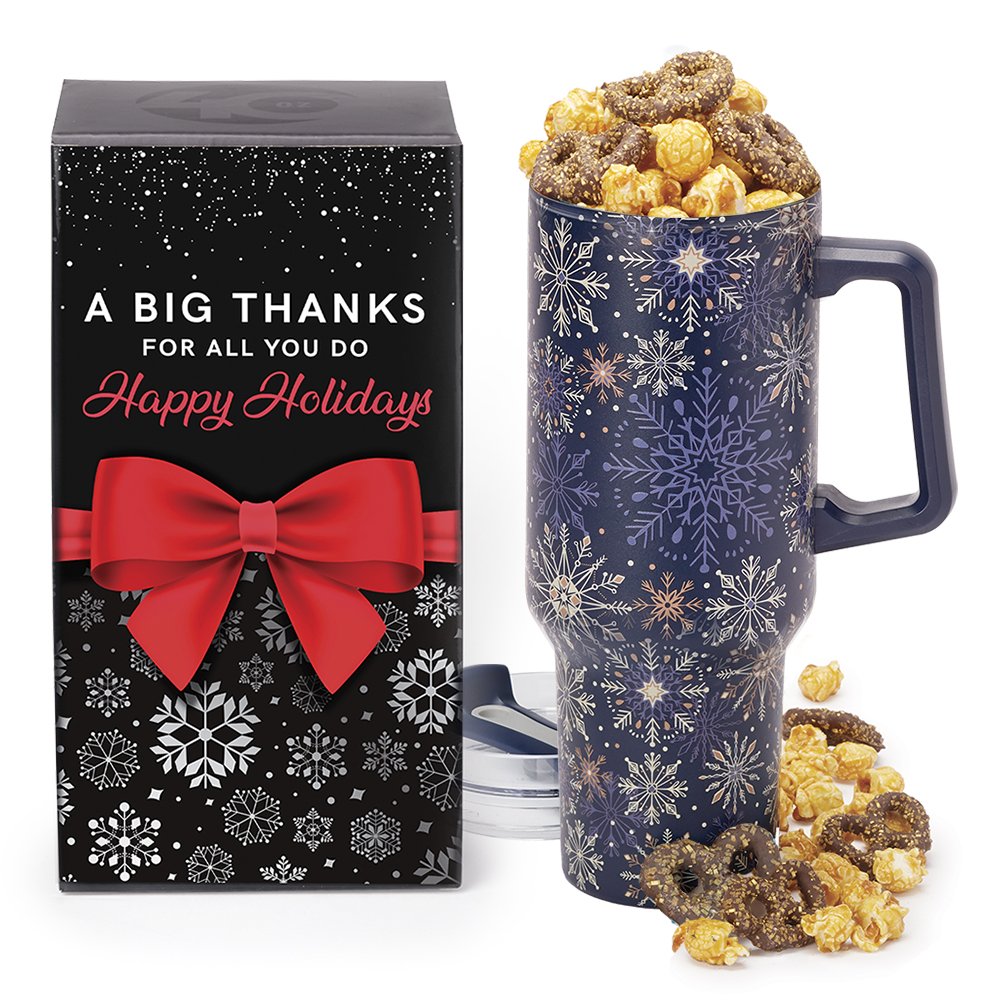 Snowflake Biggie Thirst Quencher Double-Wall Stainless-Steel Tumbler 40 oz. With Handle & Popcorn/Pretzel Mix in Holiday Gift Box