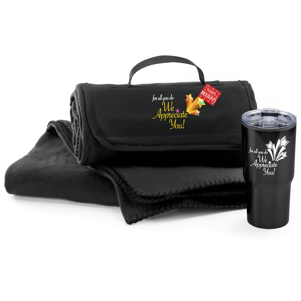 For All You Do We Appreciate You Black Fleece Blanket & Tumbler Combo with Holiday Gift Card and Sleeve