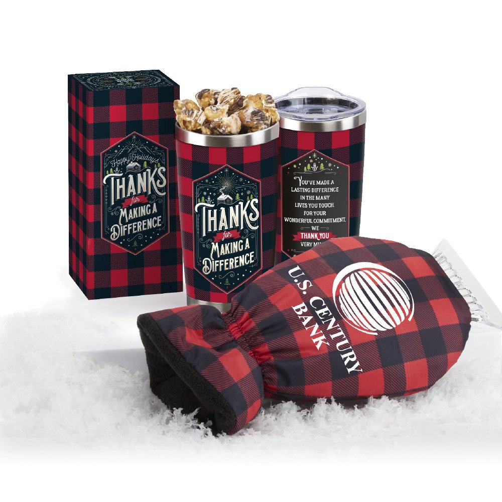 Buffalo Plaid Ice Scraper Mitt & Tumbler With Gourmet Popcorn Gift Set With Holiday Gift Wrap - Personalization Available