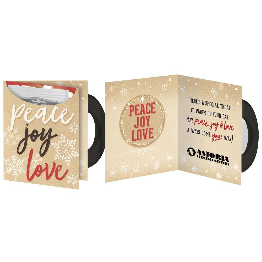 Peace, Joy, Love Mug-Shaped Greeting Card With Hot Chocolate - Personalization Available
