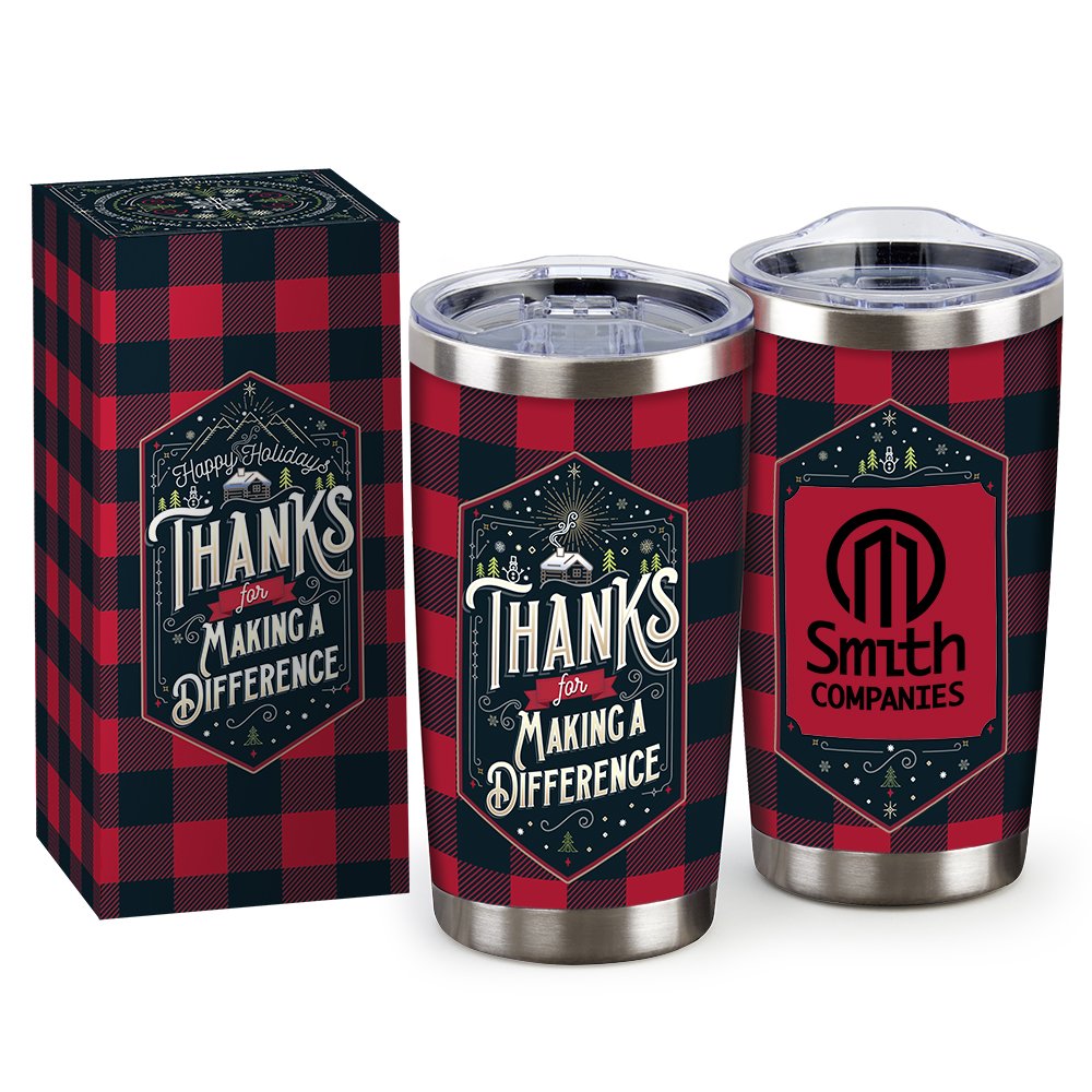 Thanks For Making A Difference Buffalo Plaid Full-Color Tumbler 20-Oz. With Gourmet Popcorn In Holiday Gift Box - Personalization Available