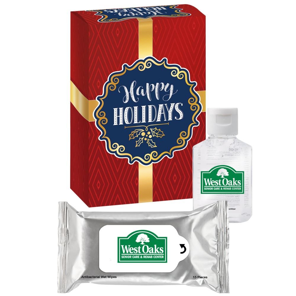 Antibacterial Wet Wipes & Hand Sanitizer Gift Set In Holiday Gift Box - Personalization Available