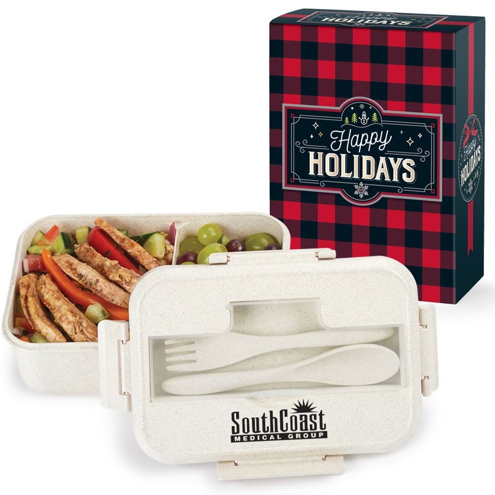 Eco-Friendly Wheat-Straw Food Container In Buffalo Plaid Holiday Gift Box - Personalization Available
