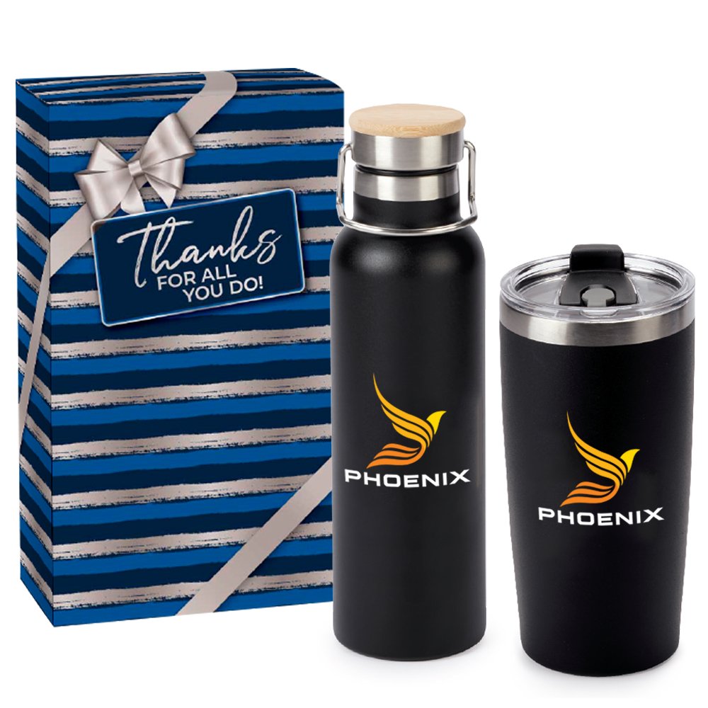 Black Leland Bottle & Fremont Tumbler with Straw Gift Set - Personalization Available