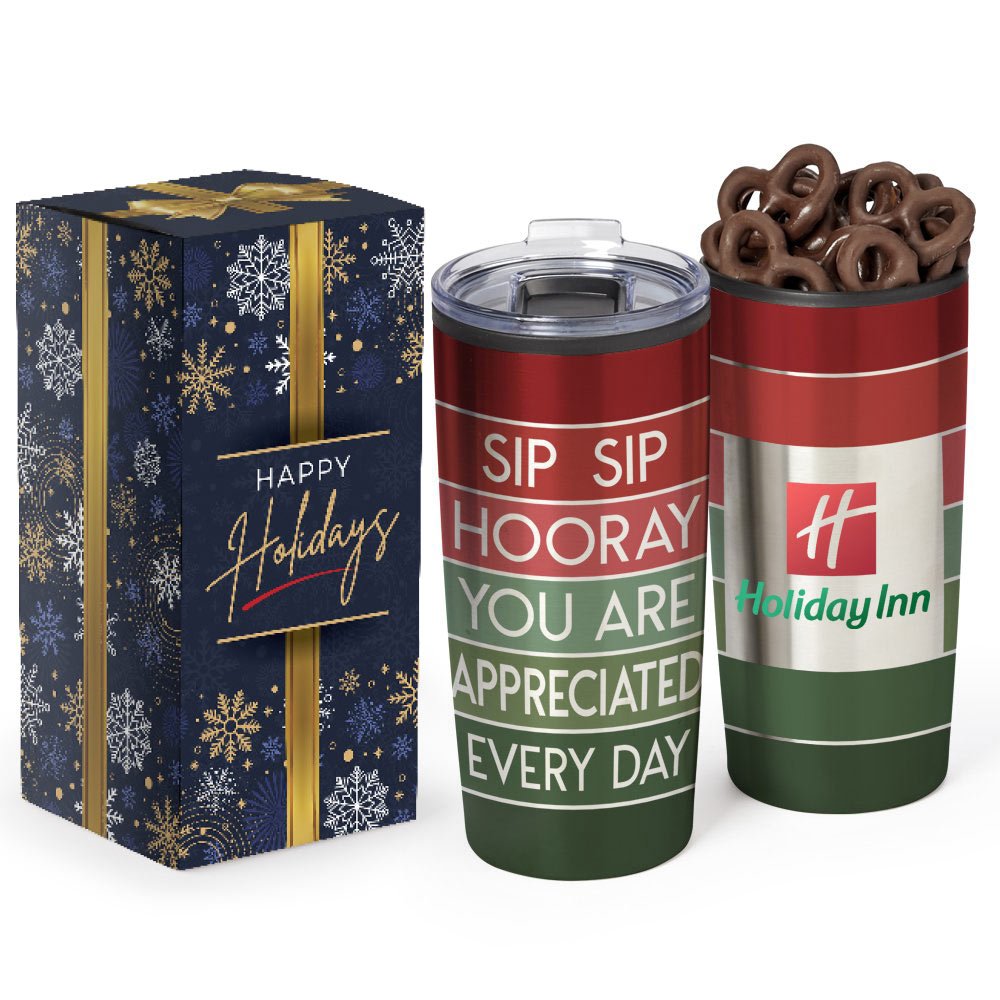 Sip Sip Hooray ColorBlast 360° Teton Stainless-Steel Tumbler 20-Oz. with Chocolate-Covered Pretzels In Holiday Gift Box - Personalization Available