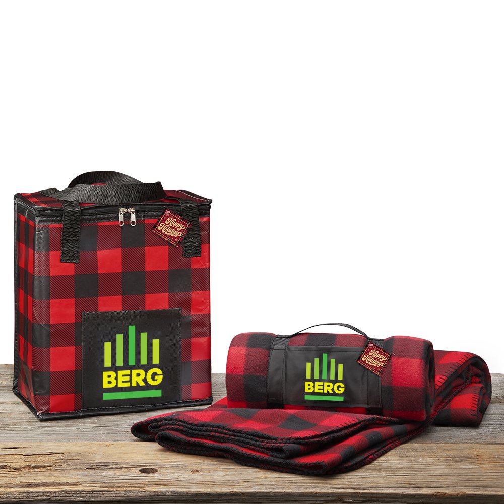 Buffalo Plaid Cooler Bag & Roll-Up Eco Fleece Blanket Gift Set with Holiday Gift Wrapper - Personalization Available