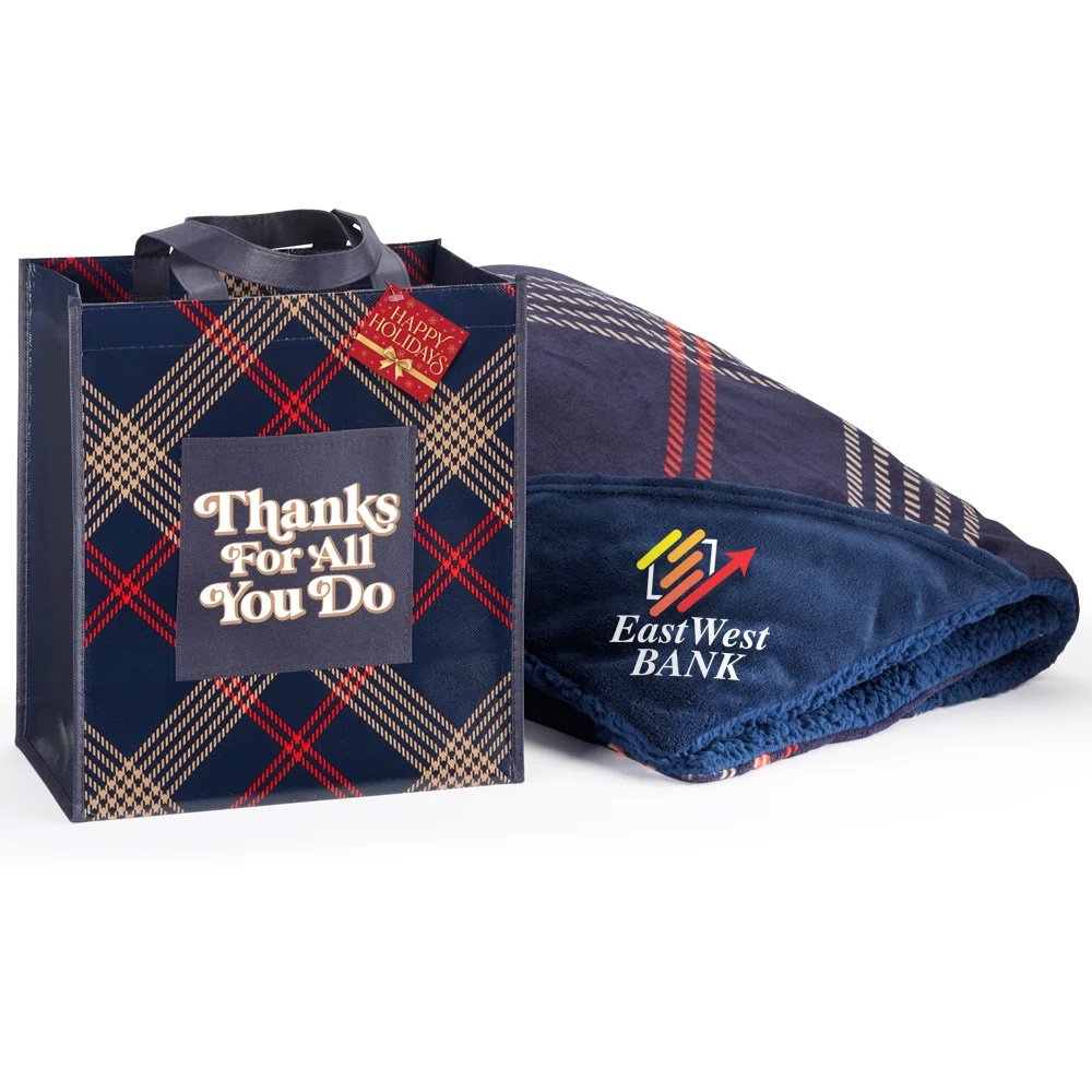 Thanks For All You Do Navy Plaid Mink Fleece Sherpa Throw Blanket-in-a-Bag 50