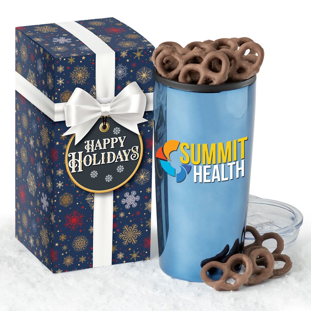 Blue-Mirrored Teton Stainless-Steel Tumbler 20-Oz. with Chocolate-Covered Pretzels In Holiday Gift Box - Personalization Available
