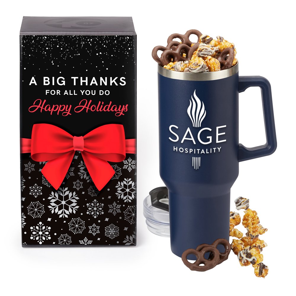 Blue Biggie Thirst Quencher Double-Wall Stainless-Steel Tumbler 40 oz. with Handle & Popcorn/Pretzels in Holiday Gift Box - Personalization Available