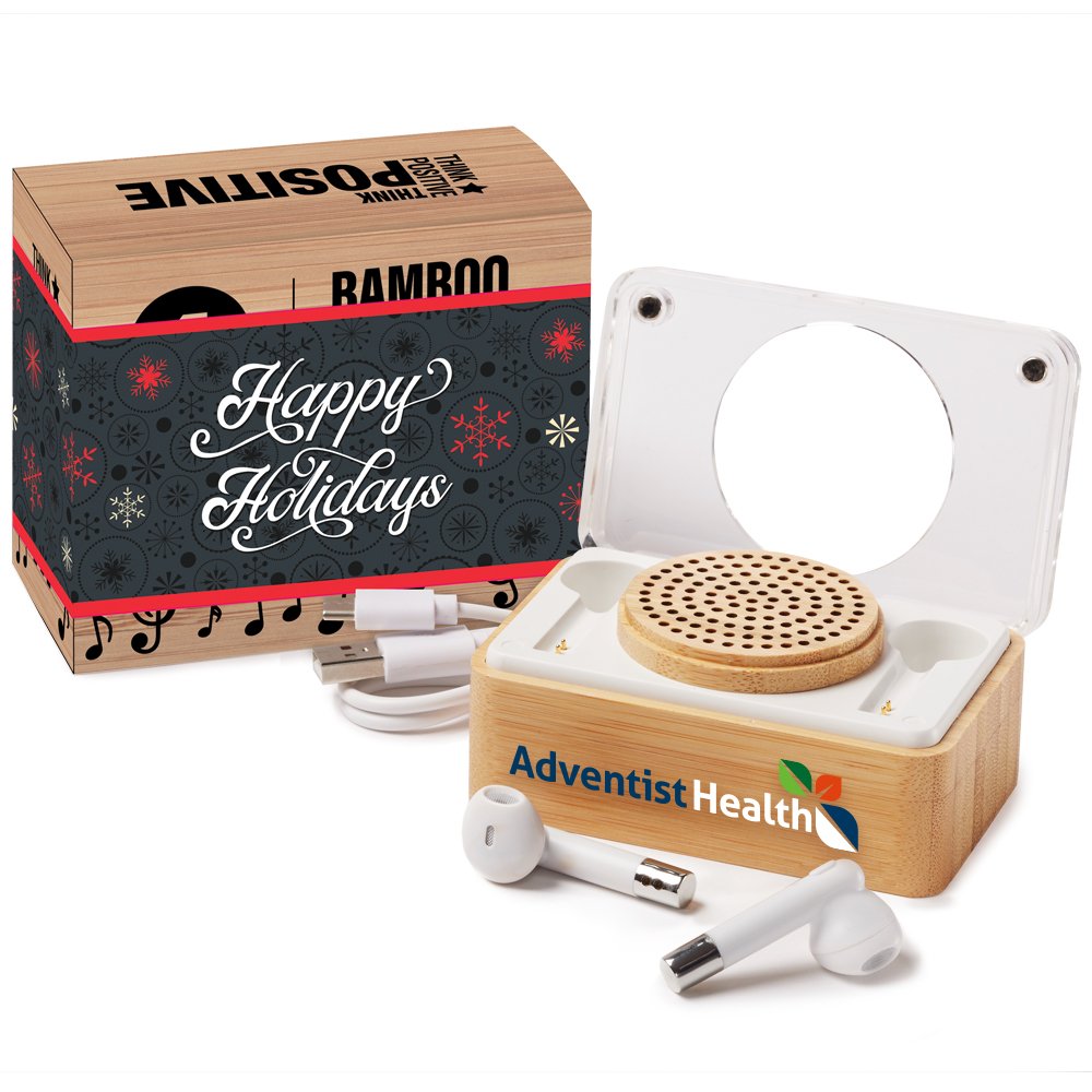 Lennon 2-In-1 Bamboo Bluetooth® Earbuds & Wireless Speaker in Holiday Gift Box - Personalization Available