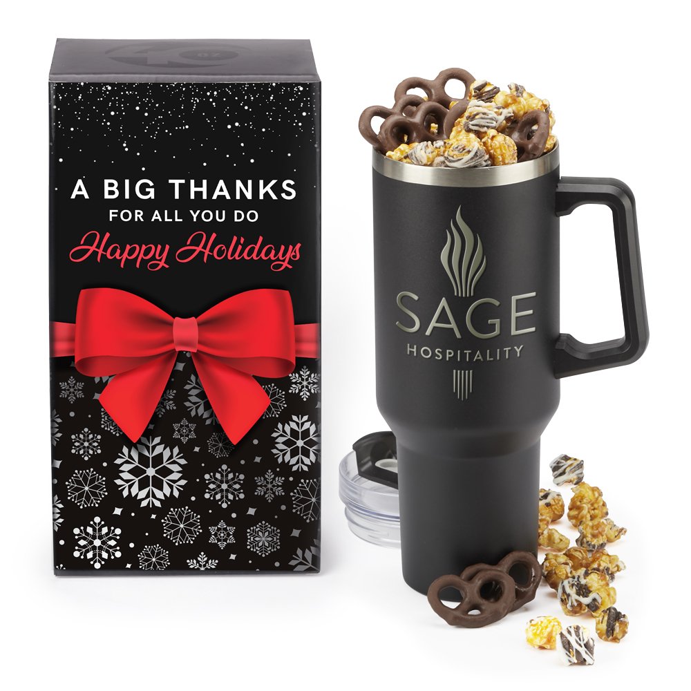 Black Biggie Thirst Quencher Double-Wall Stainless-Steel Tumbler 40 oz. With Handle & Treat Mix in Holiday Gift Box - Laser-Engraved Personalization Available
