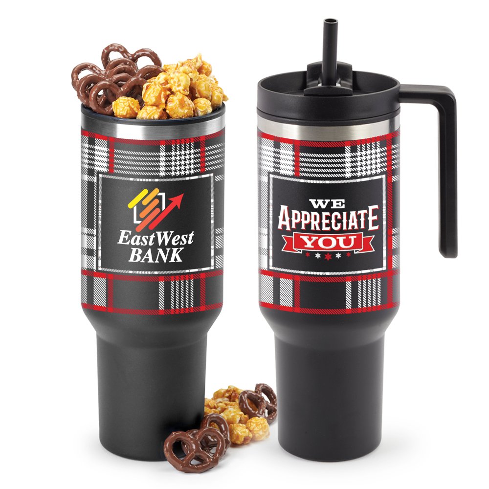 We Appreciate You Quencher Stainless-Steel/Plastic-Lined Tumbler With Handle 40 oz. With Popcorn & Pretzels - Personalization Available