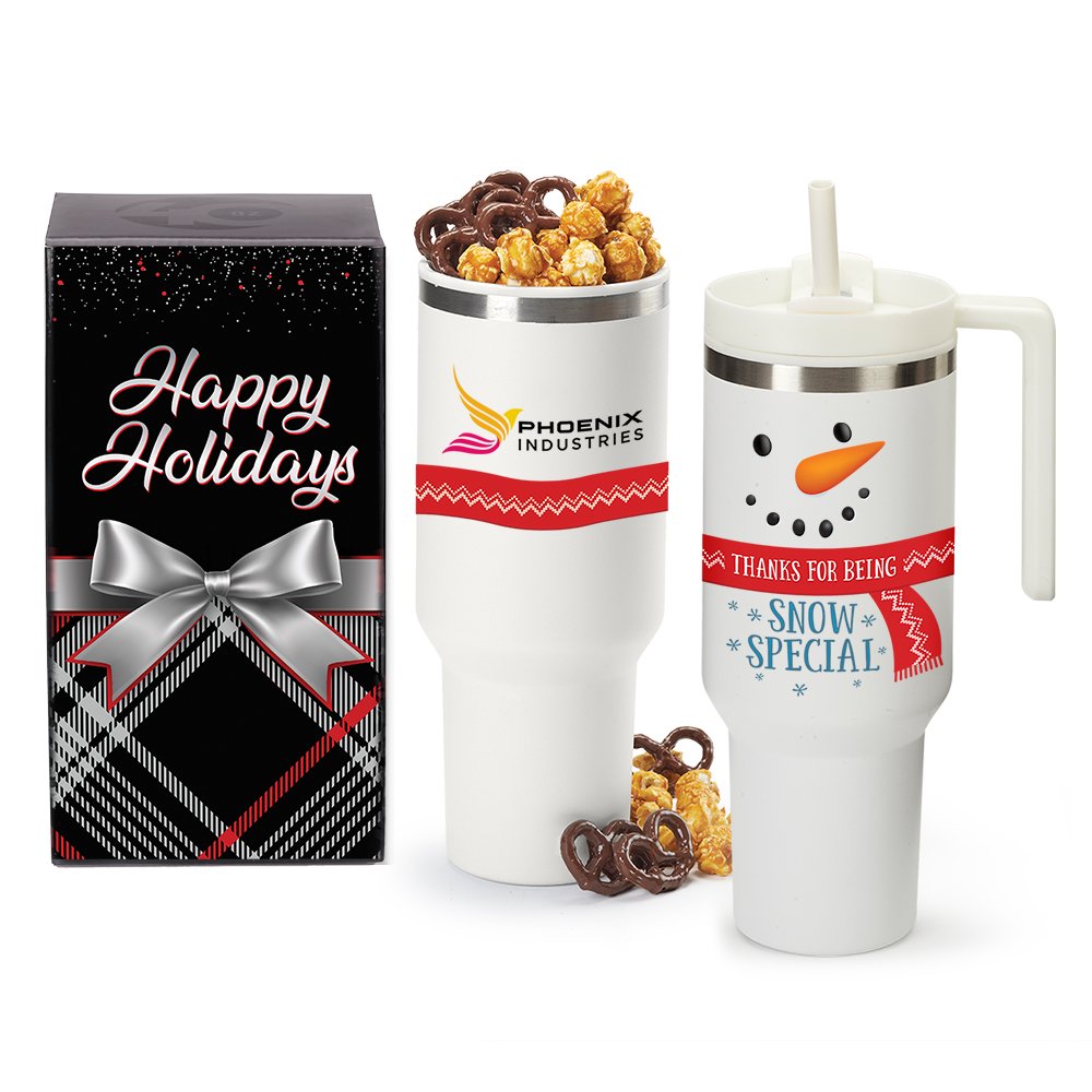 Thanks for Being Snow Special Quencher Stainless-Steel/Plastic-Lined Tumbler With Handle 40 oz. With Popcorn & Pretzels in Holiday Gift Box - Personalization Available