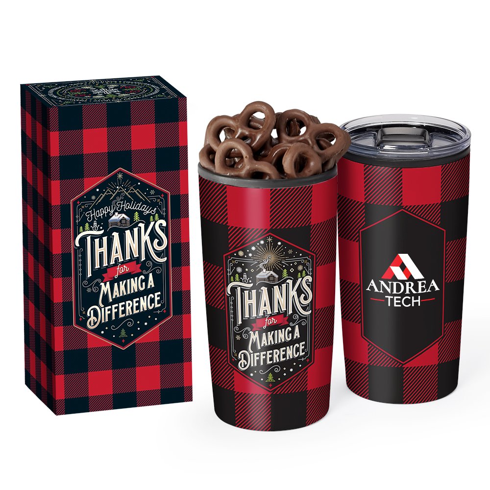 Making a Difference ColorBlast 360° Teton Stainless-Steel Tumbler 20 oz. With Chocolate-Covered Pretzels in Holiday Gift Box - Personalization Available