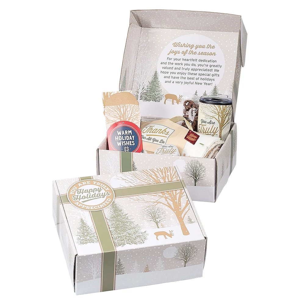 Winter Scene Holiday Box Gift Set With Roll-Up Eco Fleece Blanket - Card Personalization Available