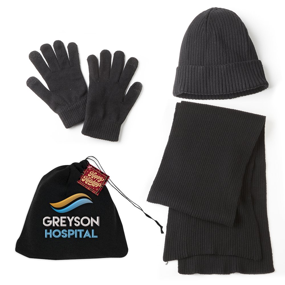 Luxe Winter Warmth 3-Piece Ribbed Knit Beanie, Scarf, & Gloves Set in Pouch With Holiday Gift Tag - Embroidered Personalization Available