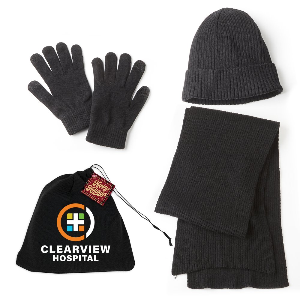 Luxe Winter Warmth 3-Piece Ribbed Knit Beanie, Scarf, & Gloves Set in Pouch With Holiday Gift Tag - Personalization Available