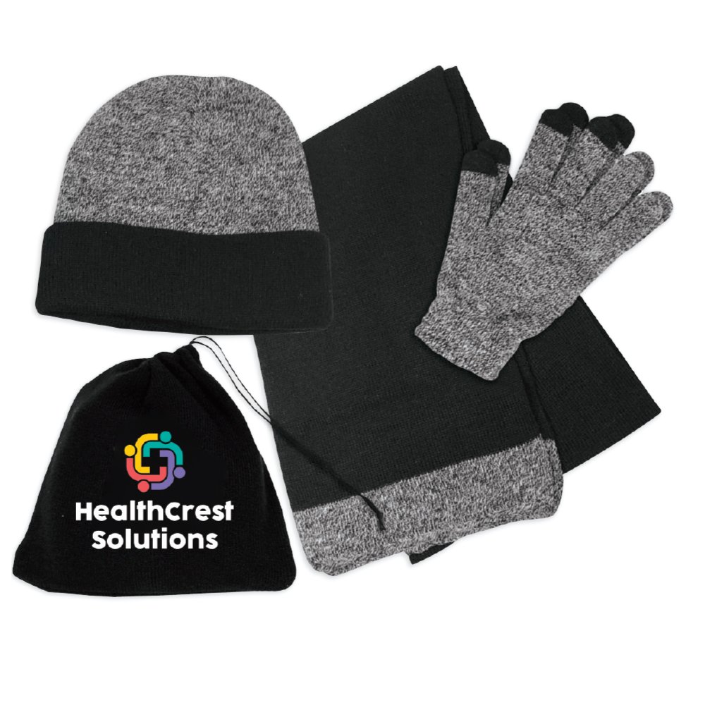 Winter Warrior Trio Cold Weather Beanie, Scarf, & Gloves Set in Pouch - Embroidered Personalization Available