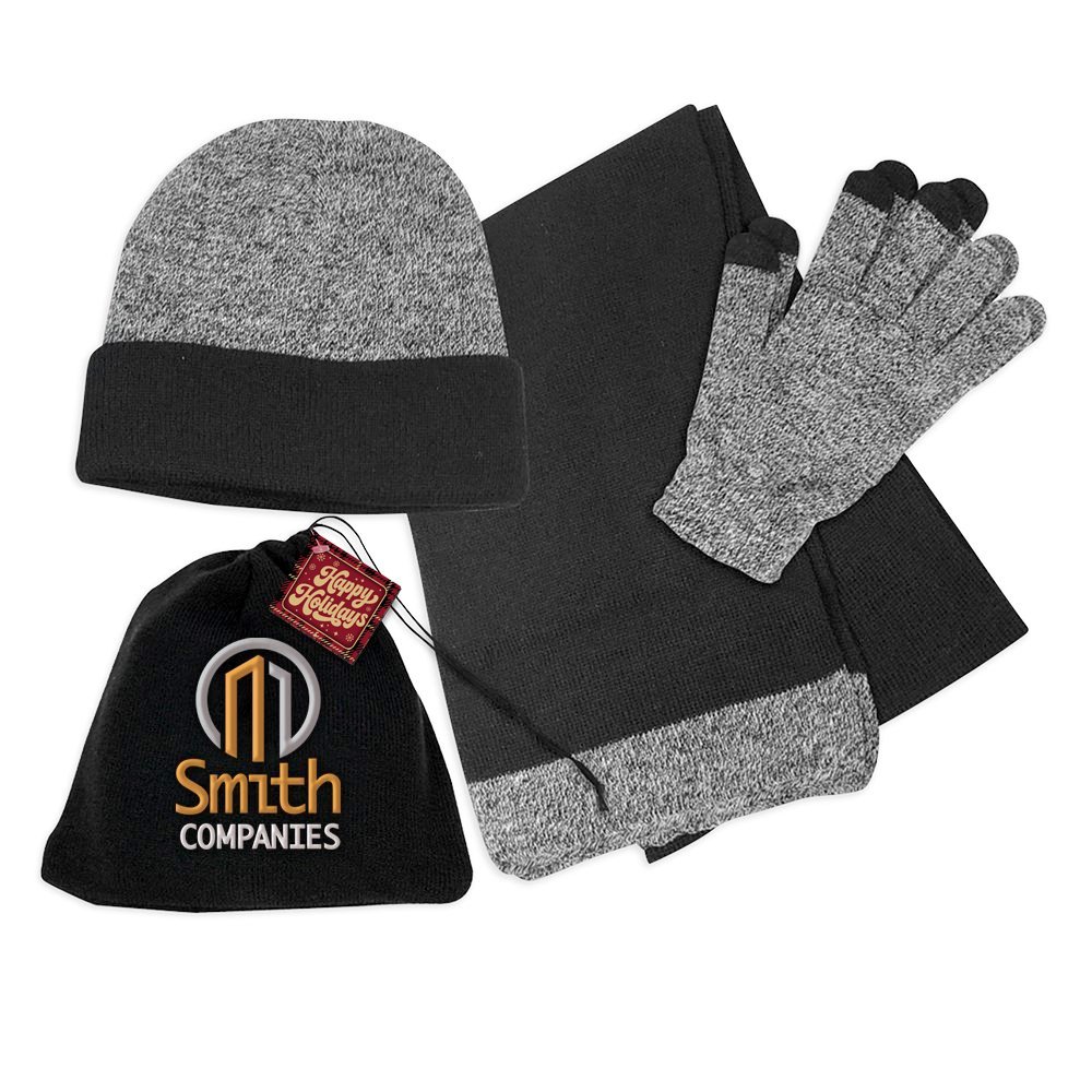 Winter Warrior Trio Cold Weather Beanie, Scarf, & Gloves Set in Pouch With Holiday Gift Tag - Embroidered Personalization Available