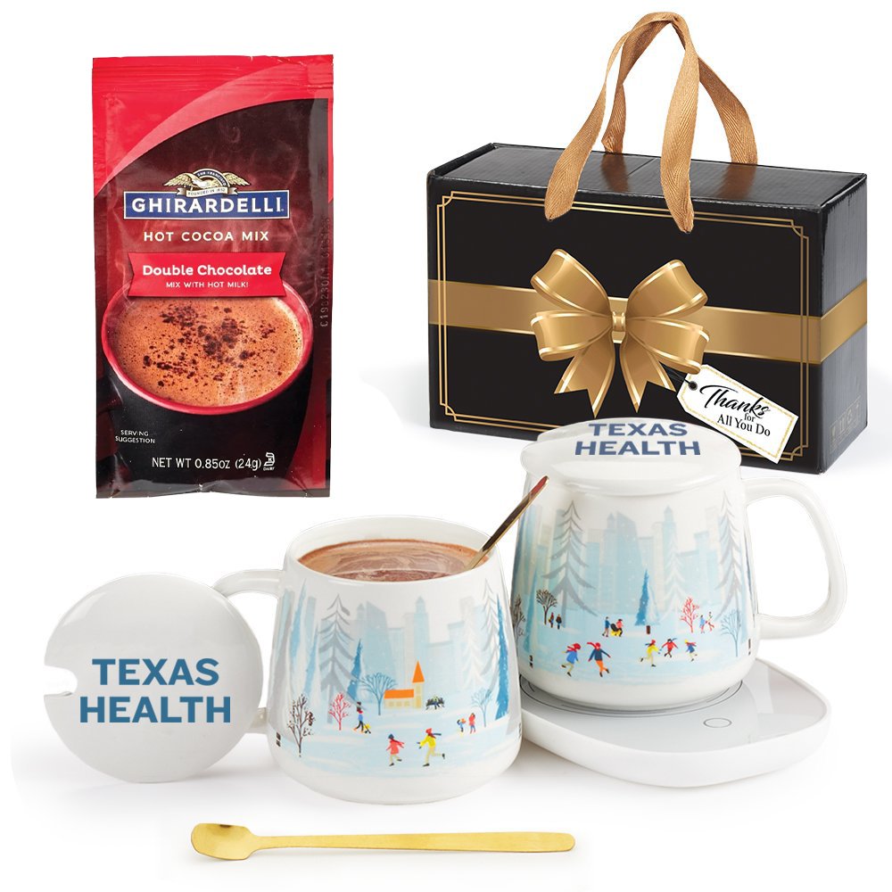 City Scene Ceramic Mug 12 oz. & Warmer With Hot Chocolate Gift Set in Holiday Gift Box - One-Color Personalization Available