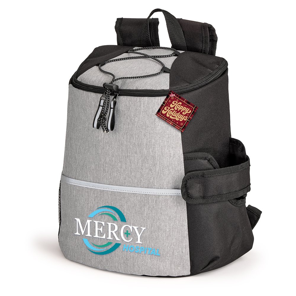 Gray/Black Hydro 12-Can Backpack Cooler With Tumbler Pocket & Holiday Gift Tag - Personalization Available
