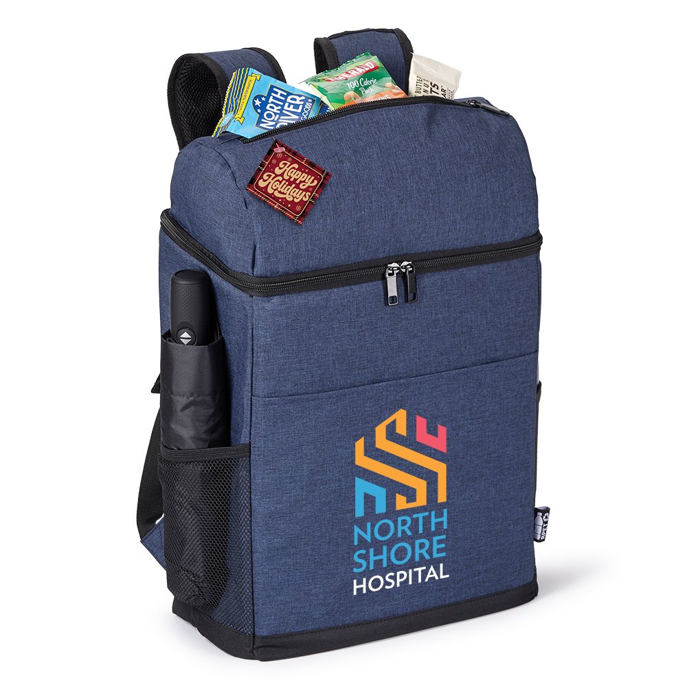 Navy Adventure rPET 20-Can Backpack Cooler with Holiday Gift Tag - Personalization Available