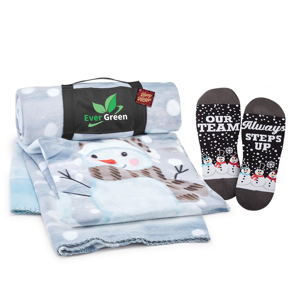 Snowmen Roll-Up Eco Fleece Blanket & Socks Gift Set With Holiday Gift Tag - Personalization Available