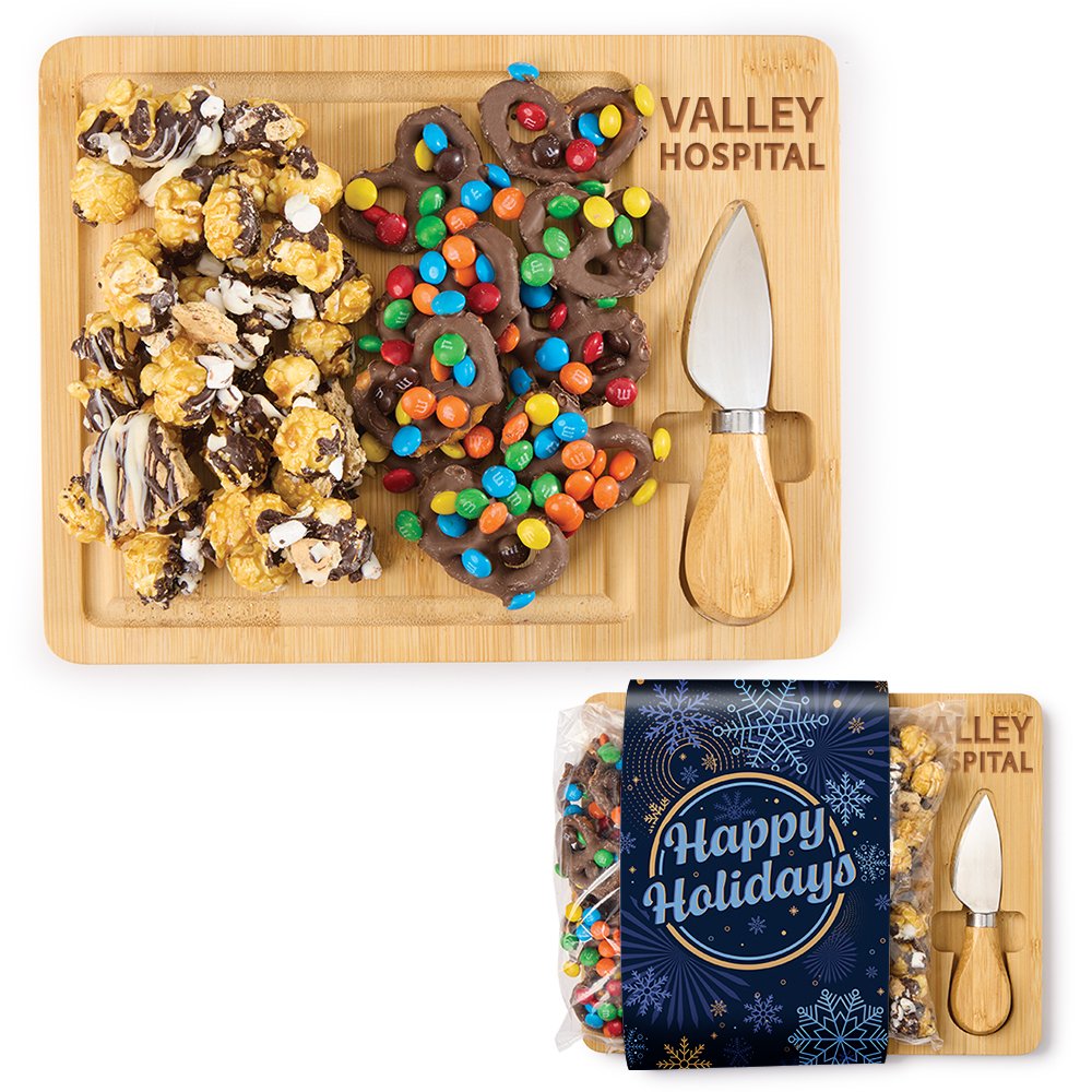 Sweet & Salty Charcuterie Bamboo Board Gift Set in Holiday Gift Wrapper - Laser-Engraved Personalization Available