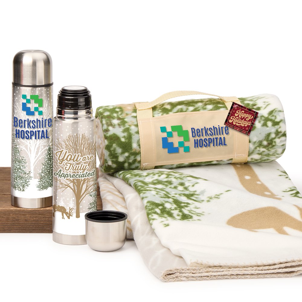 Winter Scene Roll-Up Eco Fleece Blanket & Vacuum Thermos Gift Set - Personalization Available