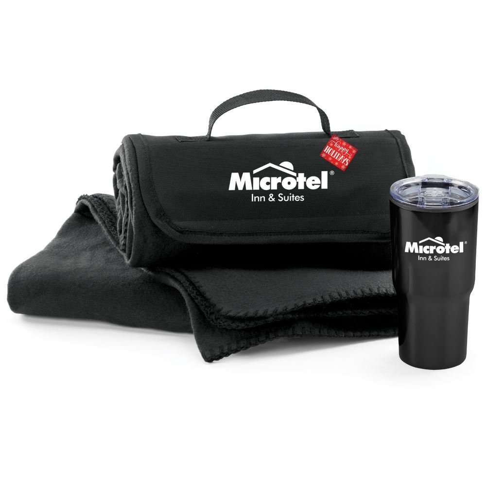 Black Fleece Blanket & Tumbler Combo with Holiday Gift Card & Sleeve - Personalization Available