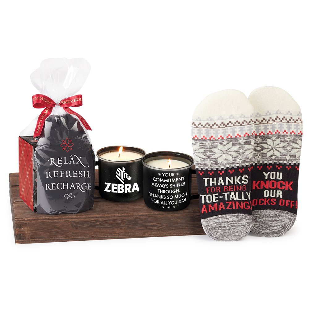 Warm & Bright Candle & Socks Gift Set in Holiday Gift Wrap with Bow - Personalization Available